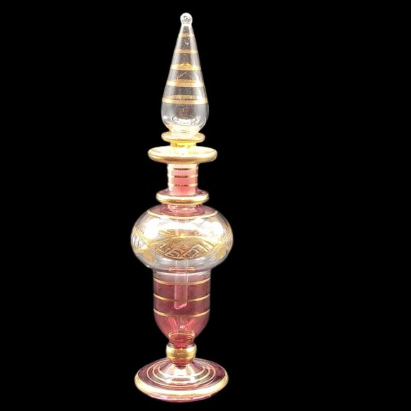 Egyptian Hand Blown Glass Perfume Bottle Cranberry  Clear W/ Gold Trim 5.5" - Picture 2 of 4